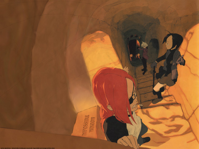Woman stairs red shirt black free wallpaper - medium preview image