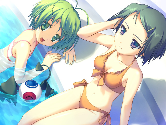 Anime girls beach bikini pool free wallpaper - medium preview image