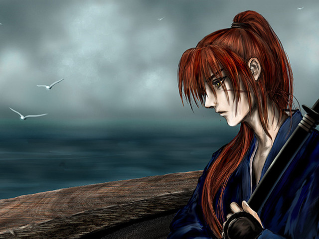 Red haired woman umbrella birds free wallpaper - medium preview image