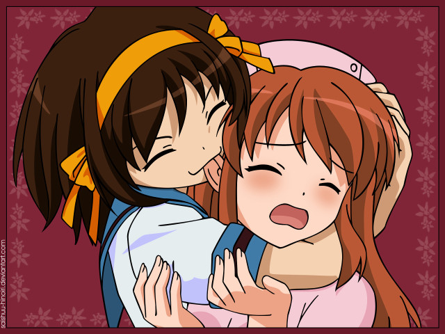 Anime hugging girls snowflakes red free wallpaper - medium preview image