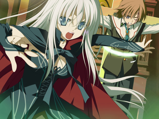 Whitehair blueeyes angry schooluniform outstretchedarm free wallpaper - medium preview image