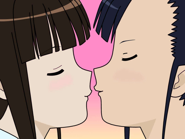 Kissing couple pink background anime free wallpaper - medium preview image