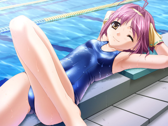 Poolside summer pinkhair wet swimsuit free wallpaper - medium preview image