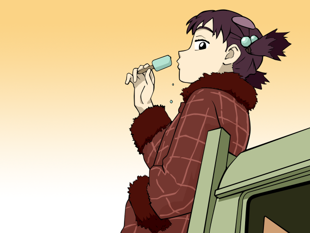 Woman red coat bench window free wallpaper - medium preview image