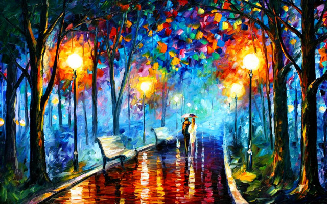 Couple umbrella tree rain streetlight #2 free wallpaper - medium preview image