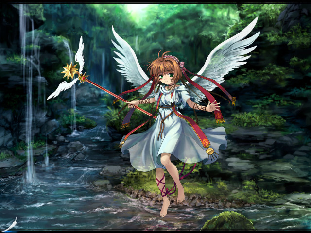 Angel wings girl forest waterfall free wallpaper - medium preview image