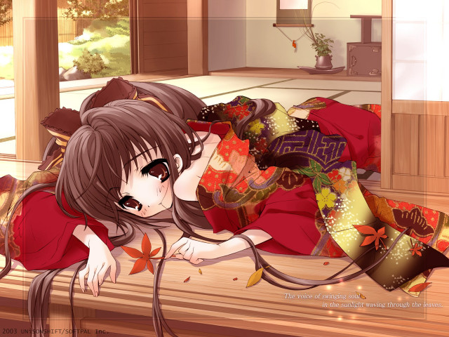 Woman red kimono autumn anime free wallpaper - medium preview image