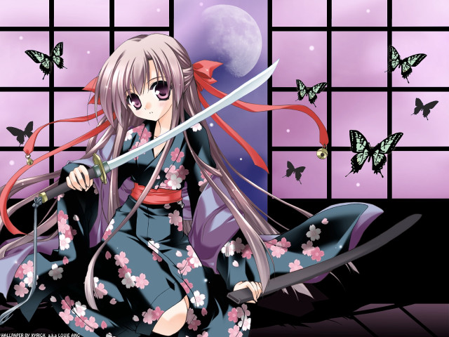 Gothic anime woman sword butterflies free wallpaper - medium preview image