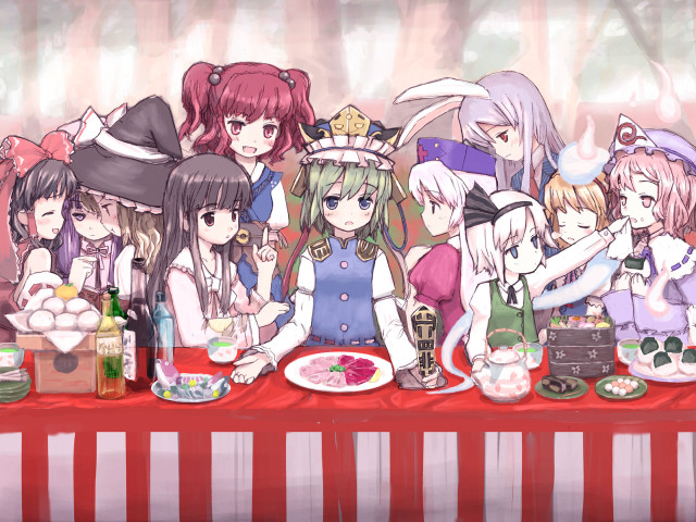 Anime girls costumes table food free wallpaper - medium preview image