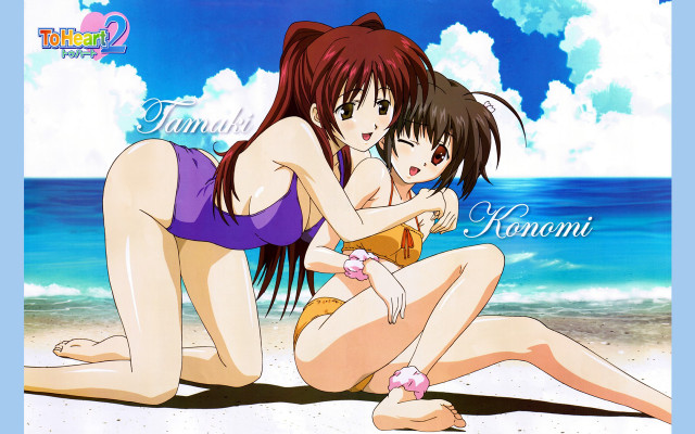 Beach animegirls hug cat tails free wallpaper - medium preview image
