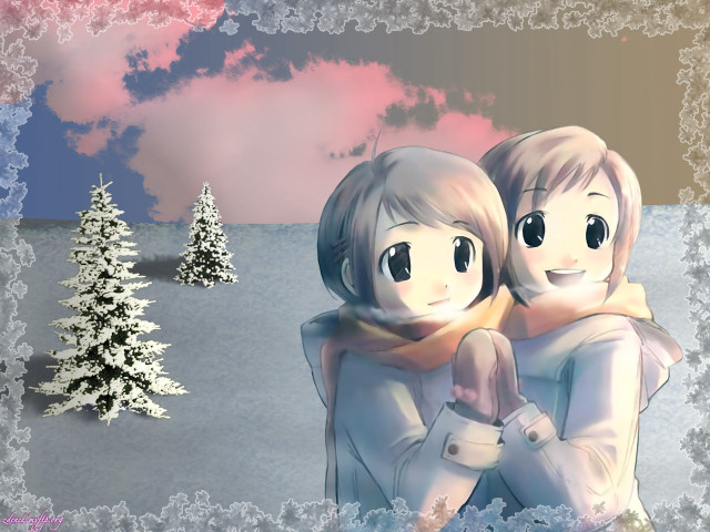 Winter snow anime two girls free wallpaper - medium preview image