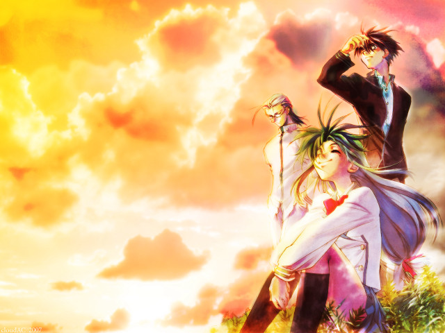 Anime couple autumn grass clouds free wallpaper - medium preview image