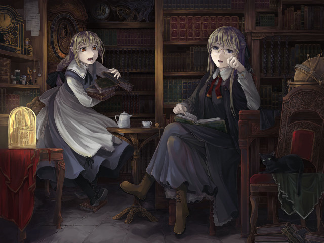 Anime library girls cat reading free wallpaper - medium preview image