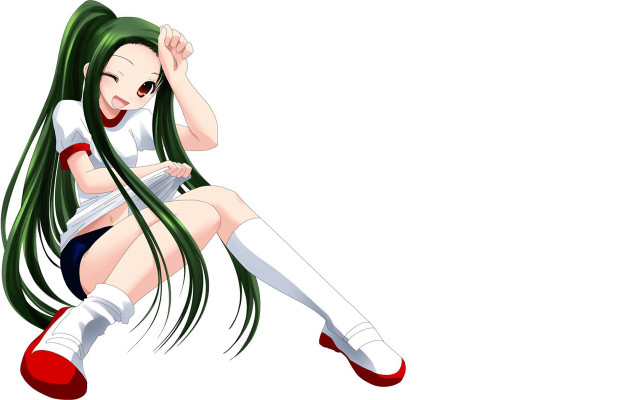 Green haired girl sitting crossed free wallpaper - medium preview image