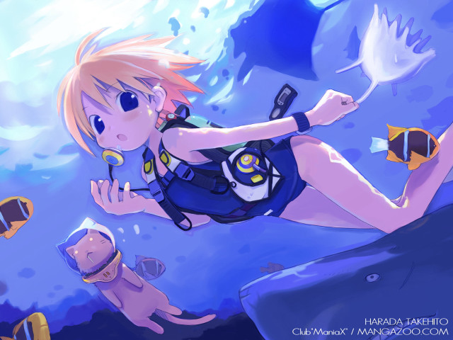 Woman floating scuba cat anime free wallpaper - medium preview image