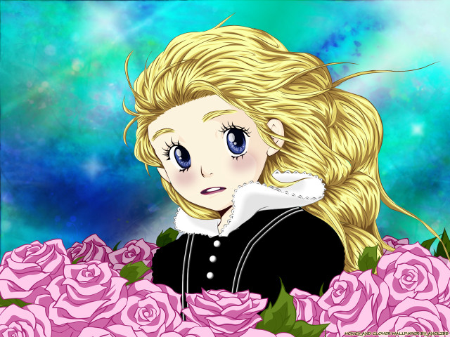 Blonde girl pink roses blue free wallpaper - medium preview image