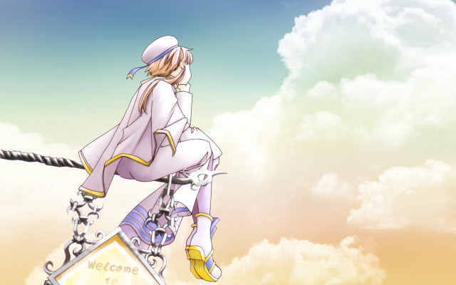 Woman sitting pole clouds sky free wallpaper - medium preview image
