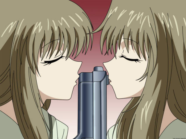 Anime girls kissing gun red free wallpaper - medium preview image