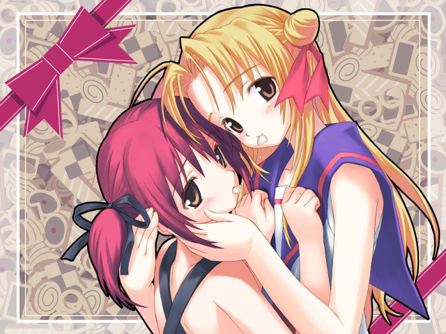 Anime girls hug pink bow free wallpaper - medium preview image