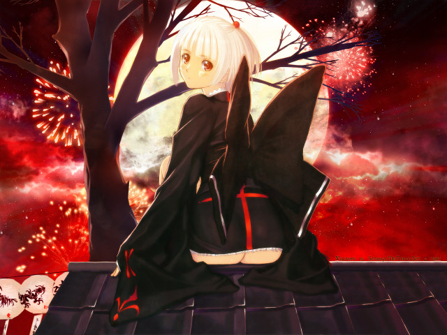 Woman roof fireworks kimono aurora free wallpaper - medium preview image