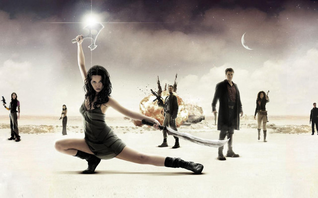 Woman holding sword desert group free wallpaper - medium preview image