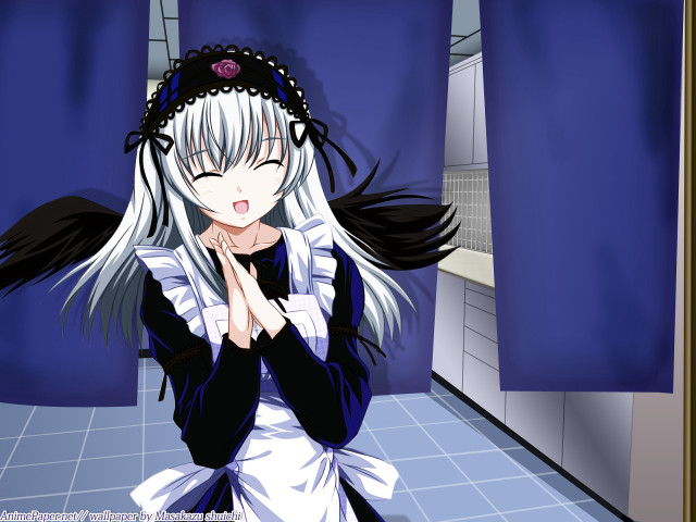 White haired girl blue walls free wallpaper - medium preview image