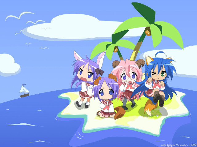 Anime girls island sailboat palm #2 free wallpaper - medium preview image