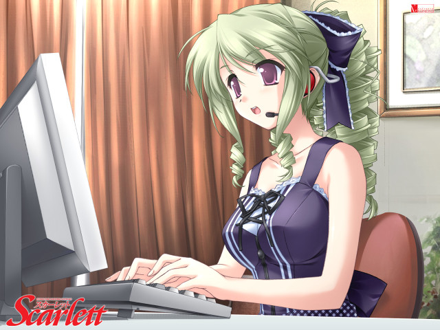Green haired woman anime desk free wallpaper - medium preview image