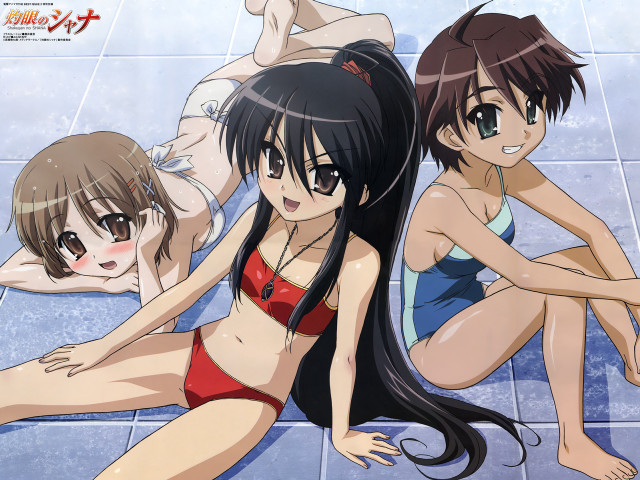 Three anime girls bathroom swimwear free wallpaper - medium preview image