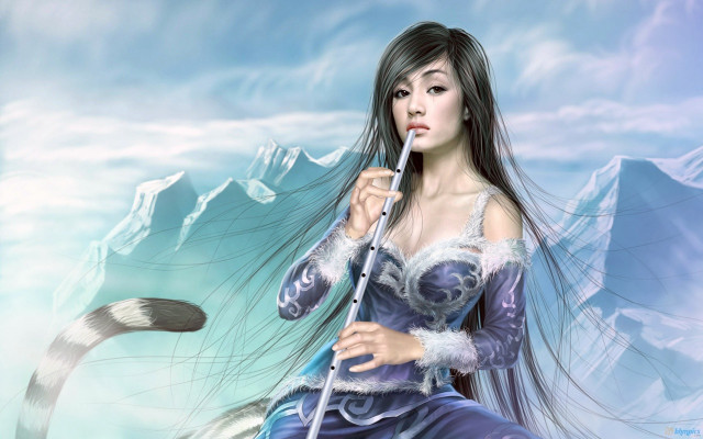 Woman blue dress white staff free wallpaper - medium preview image