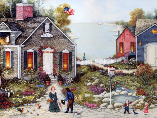 Couple walking towards house flag free wallpaper - medium preview image