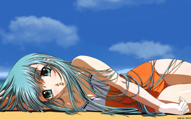 Woman beach blue hair orange free wallpaper - medium preview image