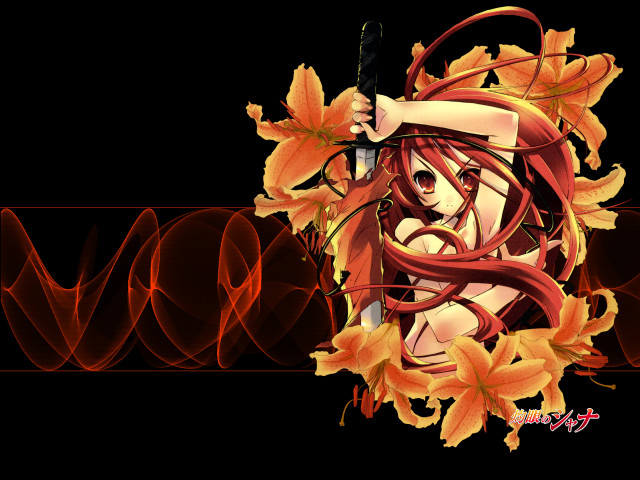 Woman sword leaves orange swirls free wallpaper for desktop - medium preview image
