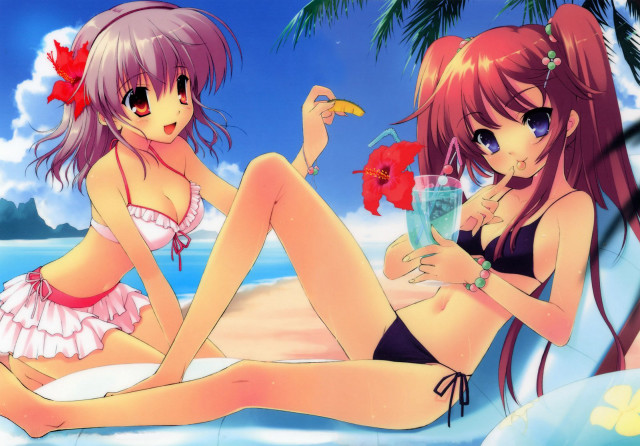 Anime girls beach bikini tropical free wallpaper - medium preview image
