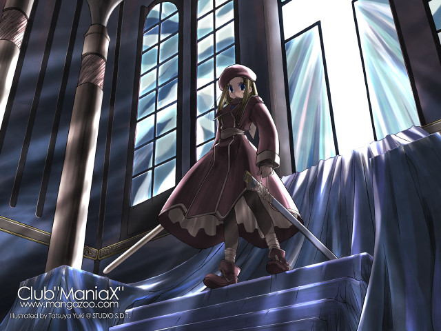 Woman sword building clouds manga free wallpaper - medium preview image