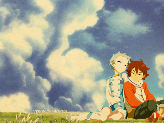 Anime boys sitting grassfield cloudy free wallpaper - medium preview image
