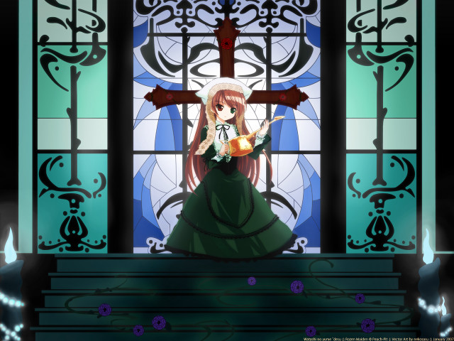 Woman green dress stainedglass cross free wallpaper - medium preview image