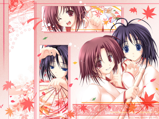 Anime girls hugging autumn leaves free wallpaper - medium preview image