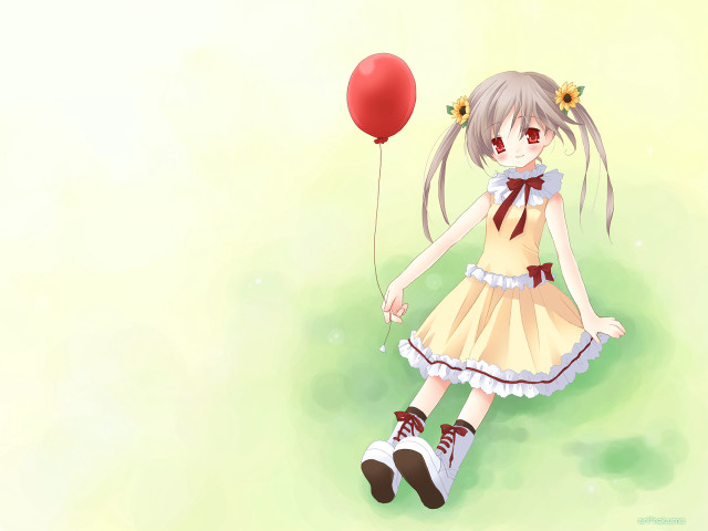 Girl redballoon greenyellow background anime free wallpaper - medium preview image