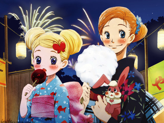 Fireworks festival kimono girls cats free wallpaper - medium preview image
