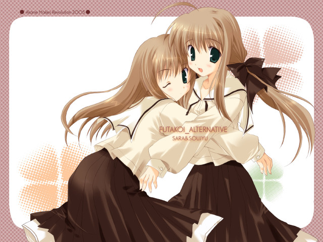 Anime girls hugging pink white free wallpaper - medium preview image