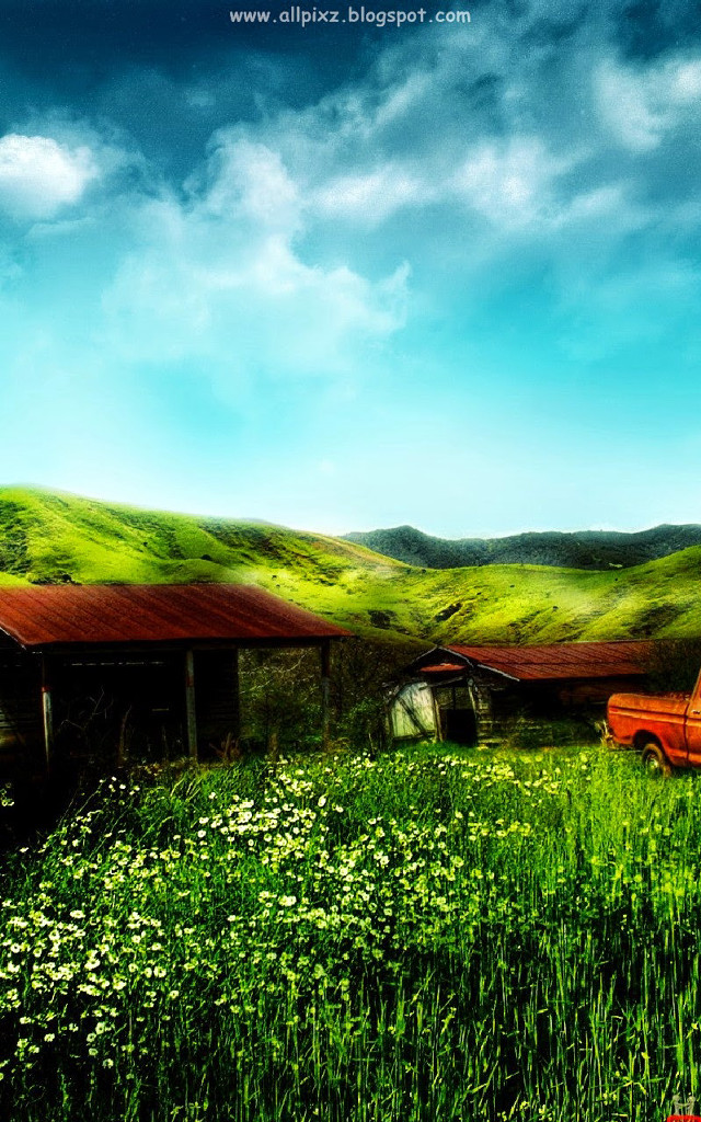 Red truck field green grass free wallpaper - medium preview image