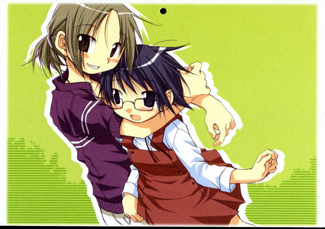 Anime hugging girls green background #2 free wallpaper - medium preview image