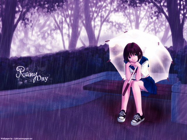 Girl bench rain umbrella cat free wallpaper - medium preview image
