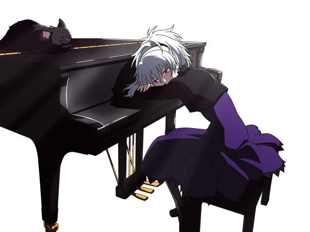 Woman piano cat portrait purple free wallpaper - medium preview image