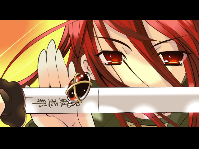 Red haired girl sword serious free wallpaper - medium preview image