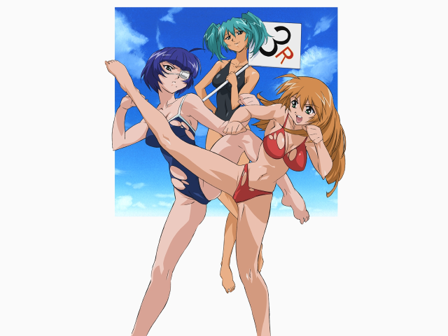 Three anime girls bikinis pose free wallpaper - medium preview image