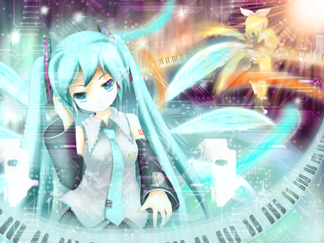 Anime girl blue hair piano free wallpaper - medium preview image