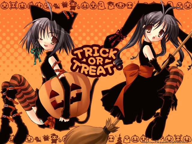 Anime witches pumpkins trickortreat halloween free wallpaper - medium preview image