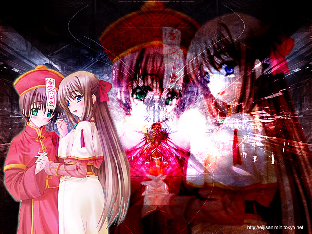 Anime 2girls hologram redpink background free wallpaper - medium preview image